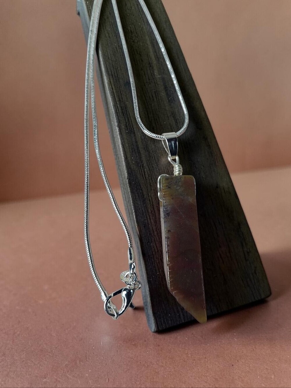 Silver Necklace with Brown Natural Stone Pendant